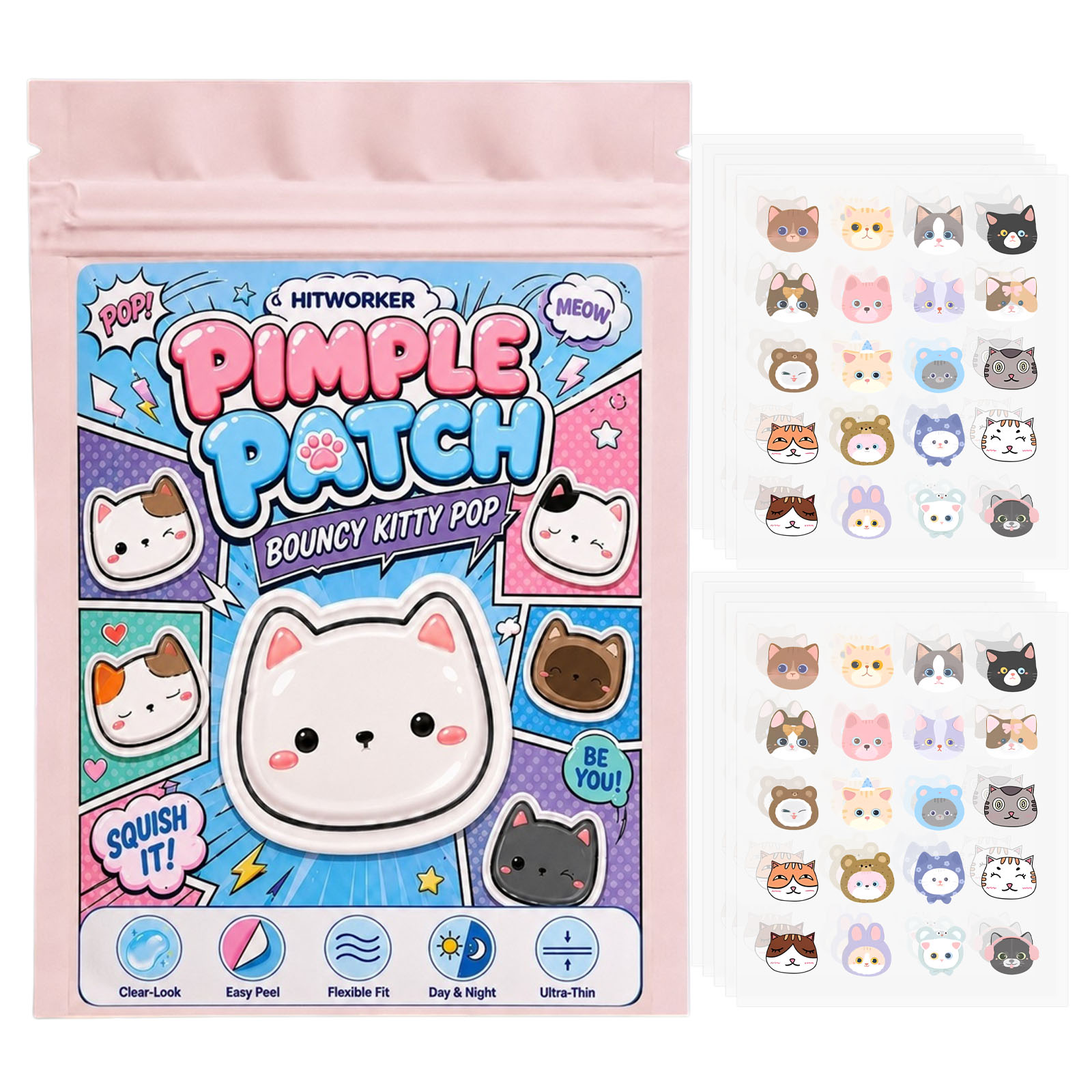 Peptide Neck Cream - 100枚入りキュートな猫型ニキビパッチ、ハイドロコロイドスポットカバーシール、超薄型で剥がしやすいフェイスパッチ、昼夜兼用